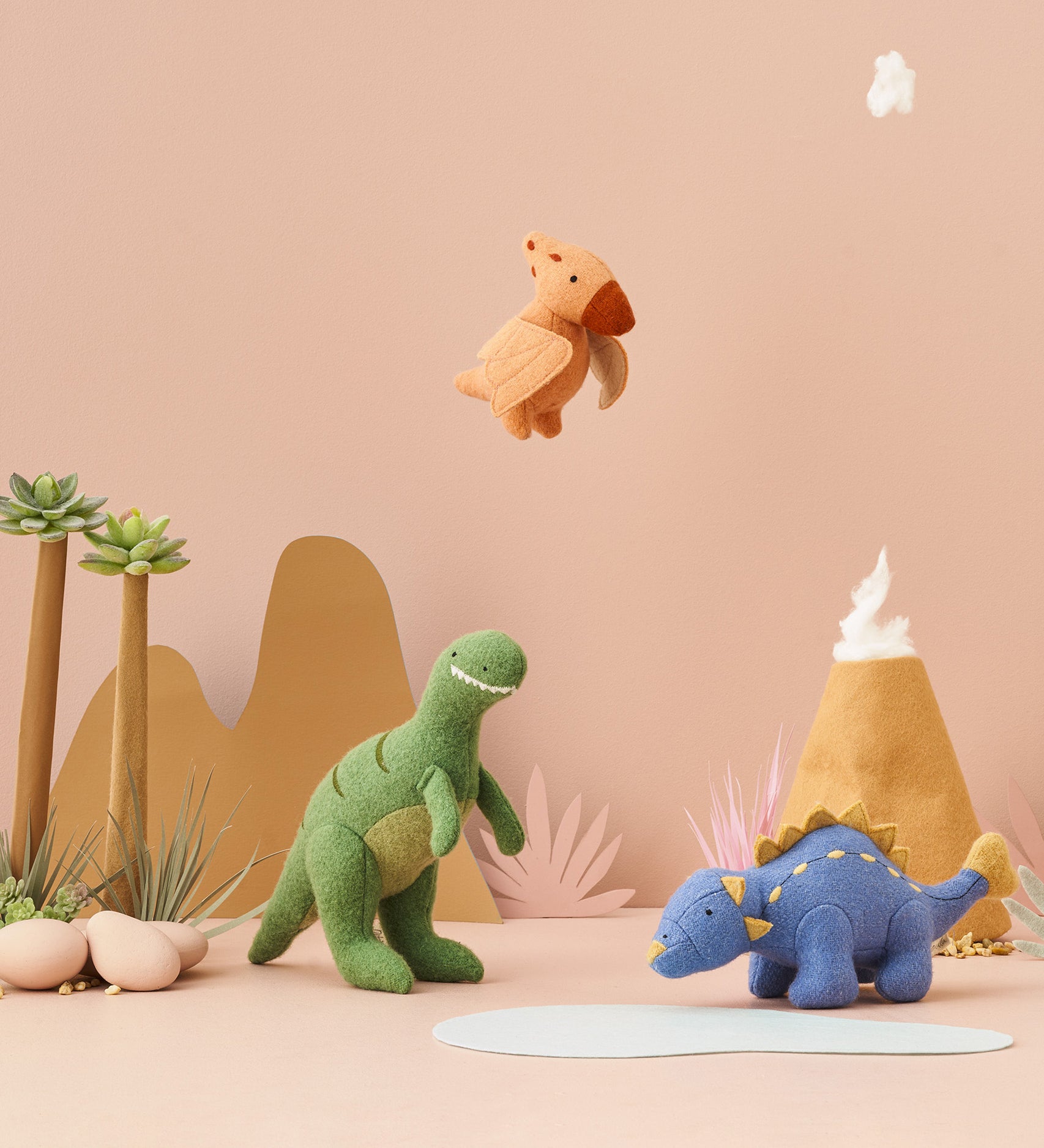 A group of soft stuffed animals: Mammoth, Dodo, Saber Tooth Tiger, Dinosaurs from the Olli Ella Holdie World Sets (Extinct Animals and Dinosaurs) for sale at Babipur.