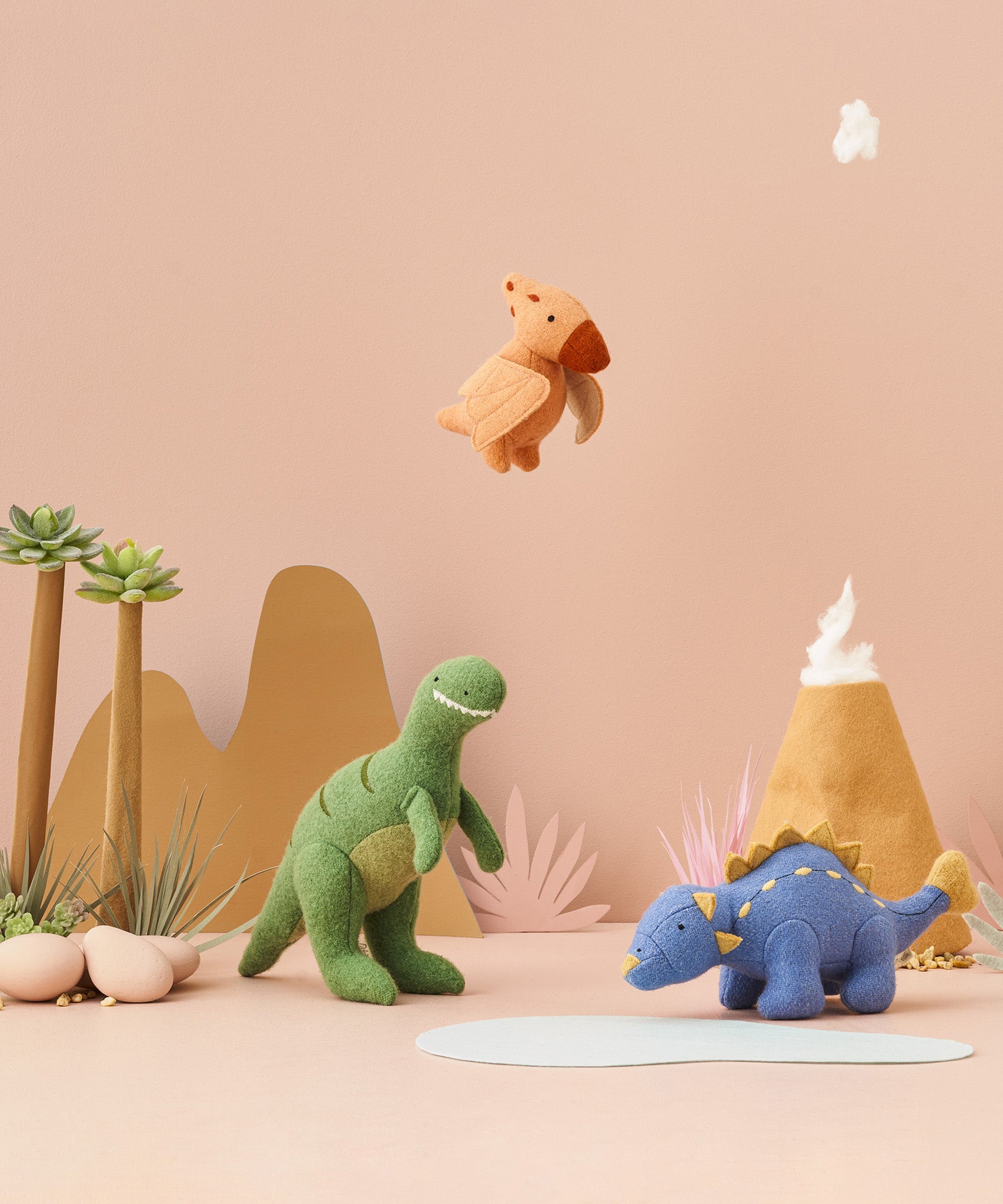 A group of soft stuffed animals: Mammoth, Dodo, Saber Tooth Tiger, Dinosaurs from the Olli Ella Holdie World Sets (Extinct Animals and Dinosaurs) for sale at Babipur.