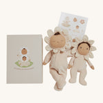 Olli Ella Limited Edition Blossom Buds Gift Set - Gardenia, showing the Tootsie Gardenia & Dinky Dinkum Doll - Gracie Gardenia, a set of stickers and the Gardenia Gift Set packaging box on a cream background