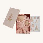Olli Ella Limited Edition Blossom Buds Gift Set - Tulip showing Dozy Dinkum - Talia Tulip & Dinky Dinkum Doll - Tessa Tulip, a set of stickers and the Tulip Gift Set box on a cream background