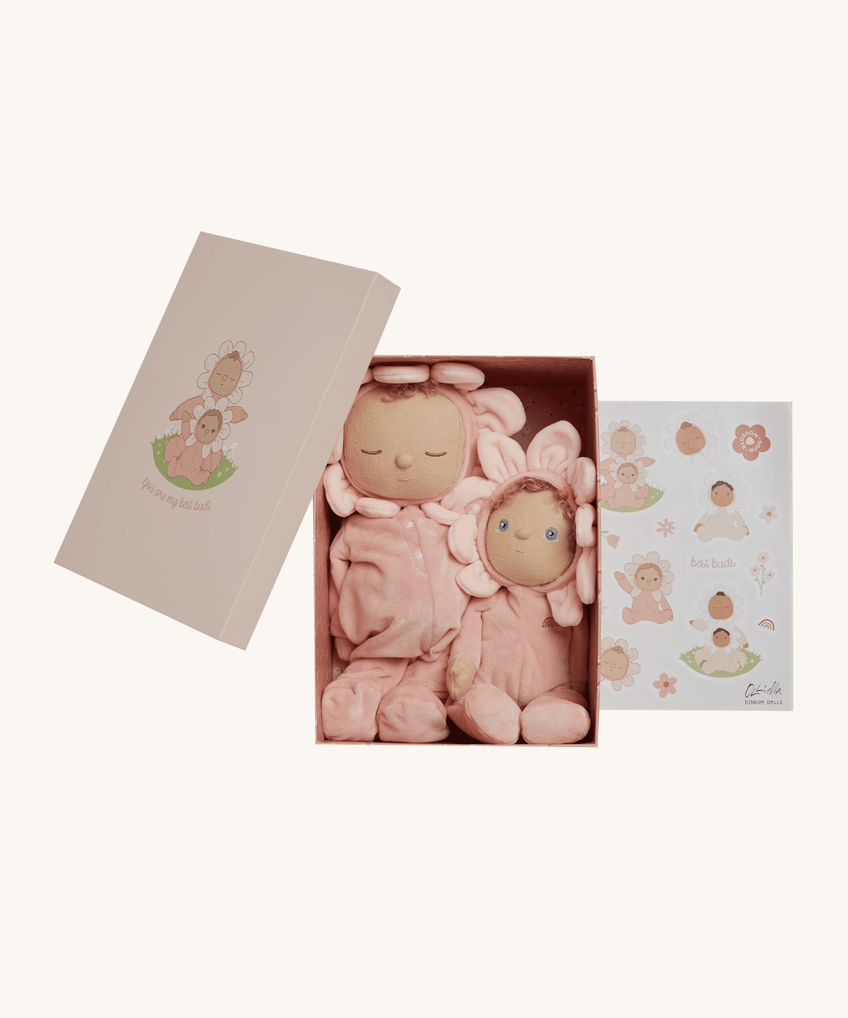 Olli Ella Limited Edition Blossom Buds Gift Set - Tulip showing Dozy Dinkum - Talia Tulip & Dinky Dinkum Doll - Tessa Tulip, a set of stickers and the Tulip Gift Set box on a cream background