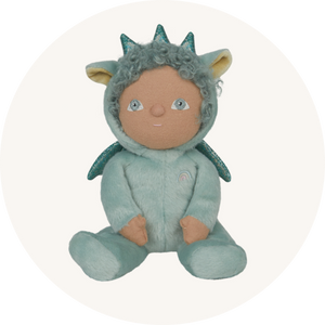Olli Ella Dinky Dinkum Dragon Dante, a fluffy plush toy with a beanie bottom and sparkly dragon wings in green, to represent new Olli Ella at Babipur.