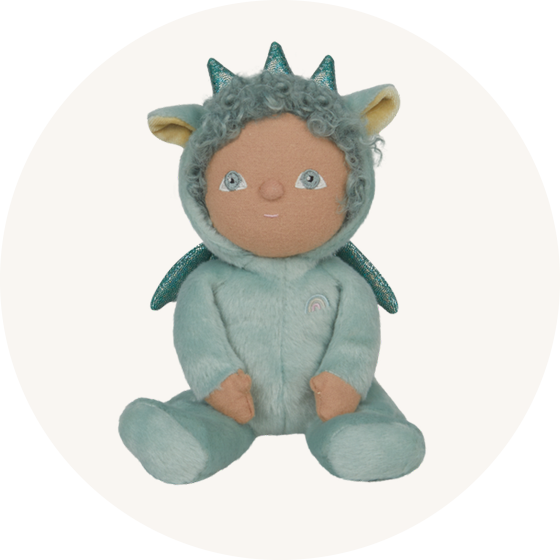 Olli Ella Dinky Dinkum Dragon Dante, a fluffy plush toy with a beanie bottom and sparkly dragon wings in green, to represent new Olli Ella at Babipur.