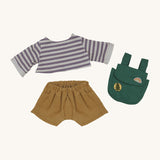 Olli Ella rambler dinkum doll outfit set available at Babipur. This outfit set includes a long sleeve stripy top, dark yellow corduroy trousers and a green backpack.