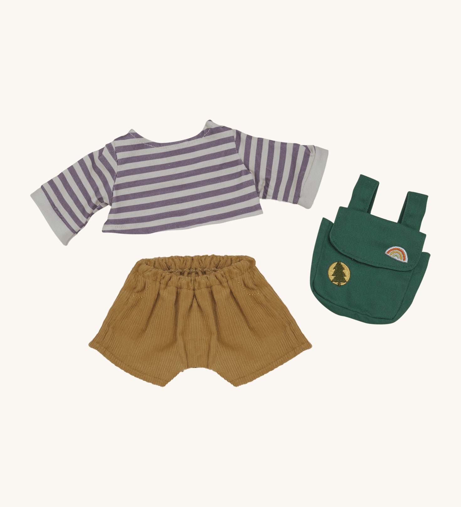 Olli Ella rambler dinkum doll outfit set available at Babipur. This outfit set includes a long sleeve stripy top, dark yellow corduroy trousers and a green backpack.