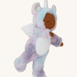 A side image of the Olli Ella stardust cozy unicorn dinkum doll available at Babipur showing the wings and horn detail