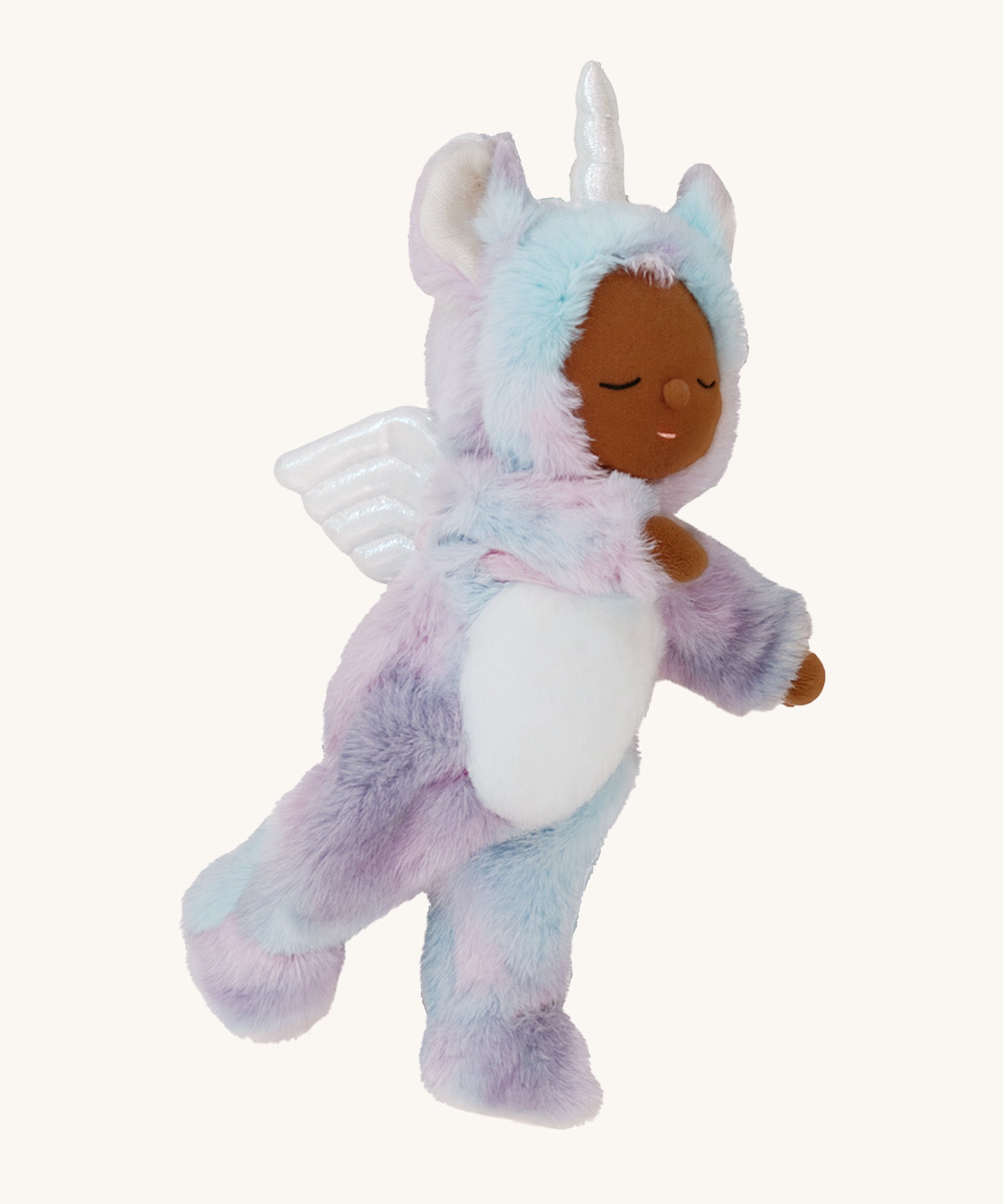 A side image of the Olli Ella stardust cozy unicorn dinkum doll available at Babipur showing the wings and horn detail