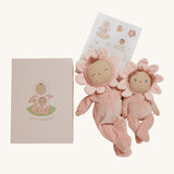 Olli Ella Limited Edition Blossom Buds Gift Set - Tulip showing Dozy Dinkum - Talia Tulip & Dinky Dinkum Doll - Tessa Tulip, a set of stickers and the Tulip Gift Set box on a cream background