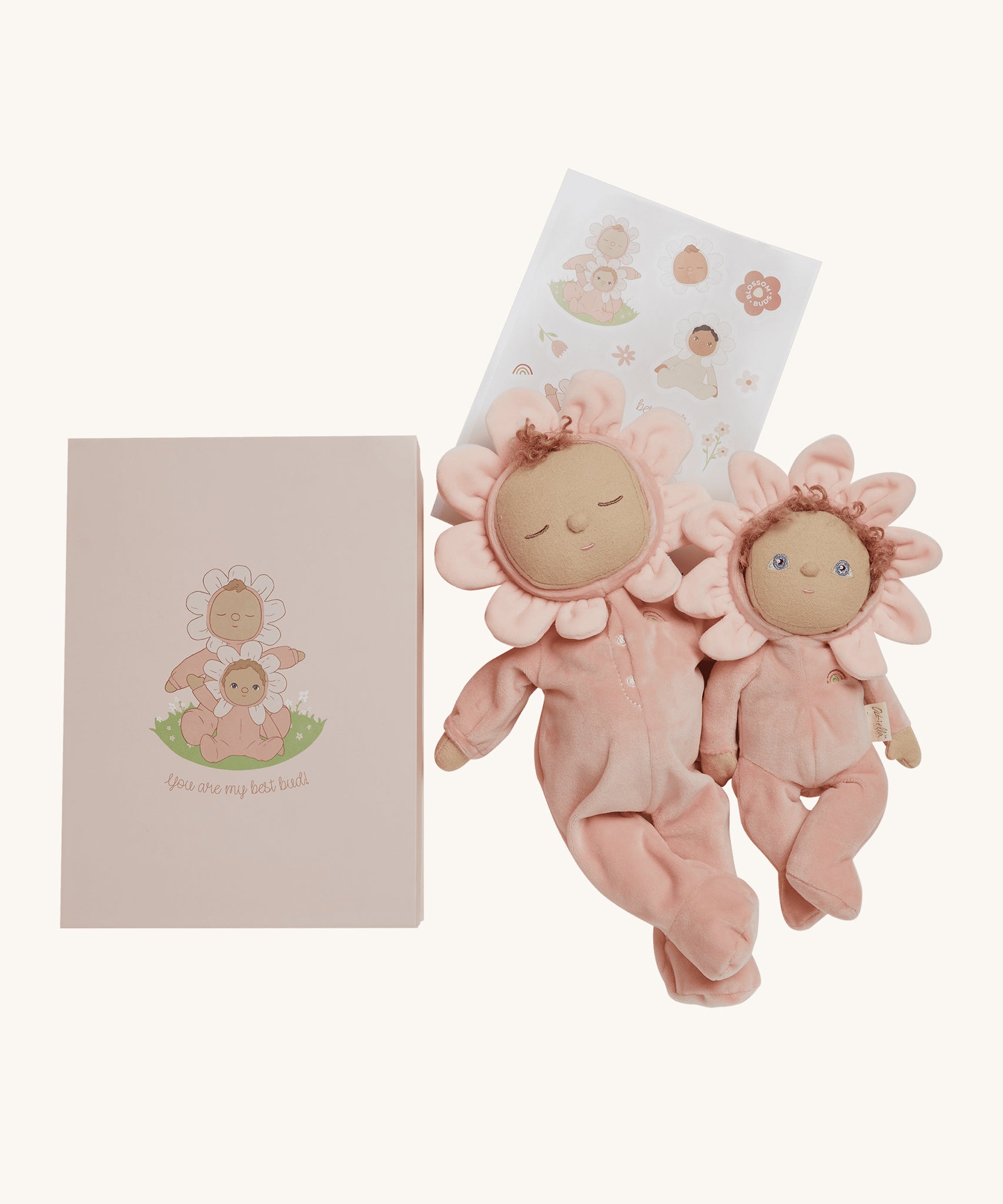 Olli Ella Limited Edition Blossom Buds Gift Set - Tulip showing Dozy Dinkum - Talia Tulip & Dinky Dinkum Doll - Tessa Tulip, a set of stickers and the Tulip Gift Set box on a cream background