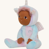 A side image of the Olli Ella Uli the unicorn dinky dinkum doll available at Babipur showing the cute playful embroidery facial detail
