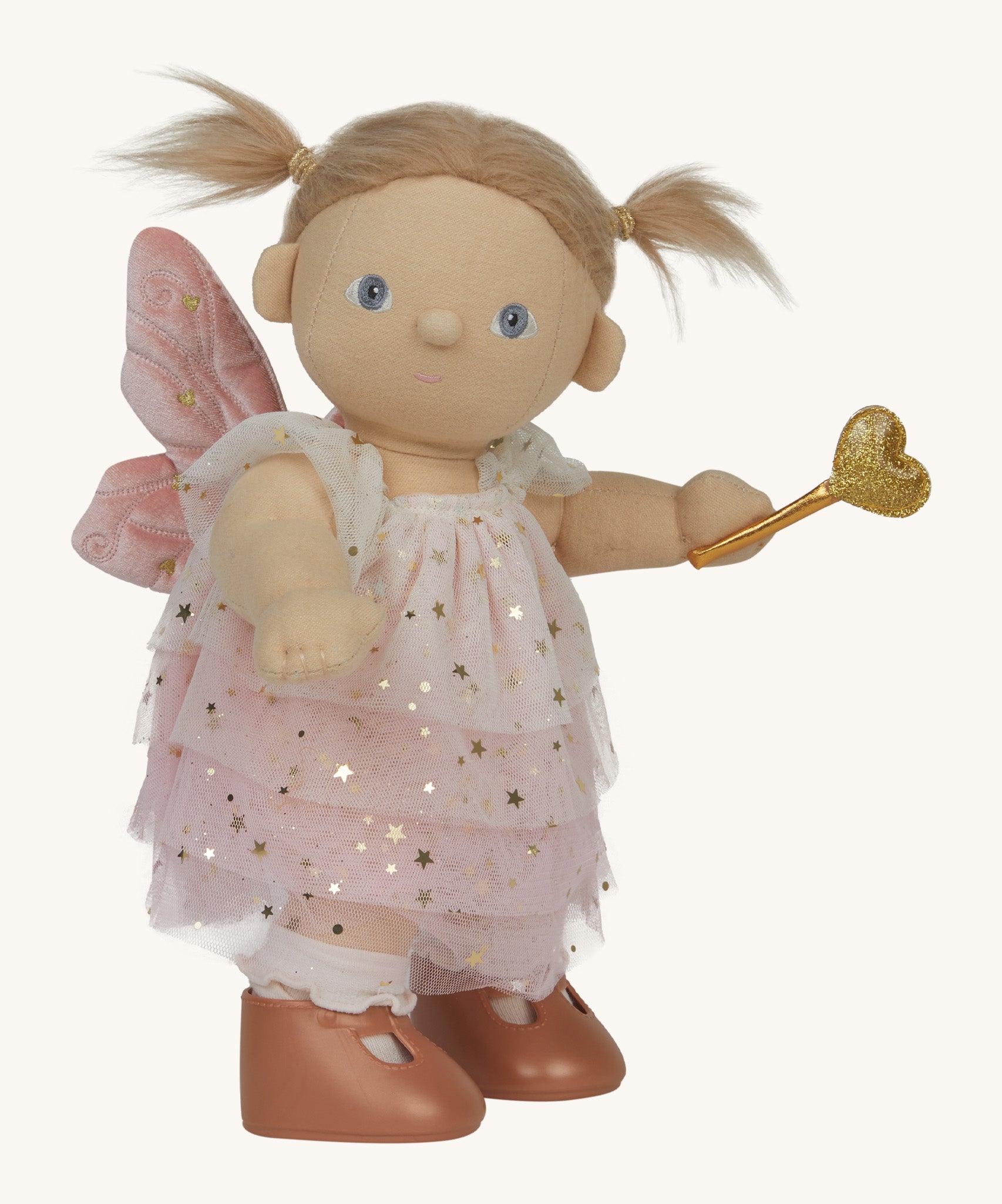 A side image of the Olli Ella Willow dream dinkum doll available at Babipur.showing the white glittery dress detail