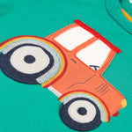 A closer look at the tractor applique on the Frugi Easy On Jumper - Iguana/Tractor