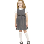 A little girl wearing the Eco Outfitters organic and fair trade cotton school pinafore dress in grey.
