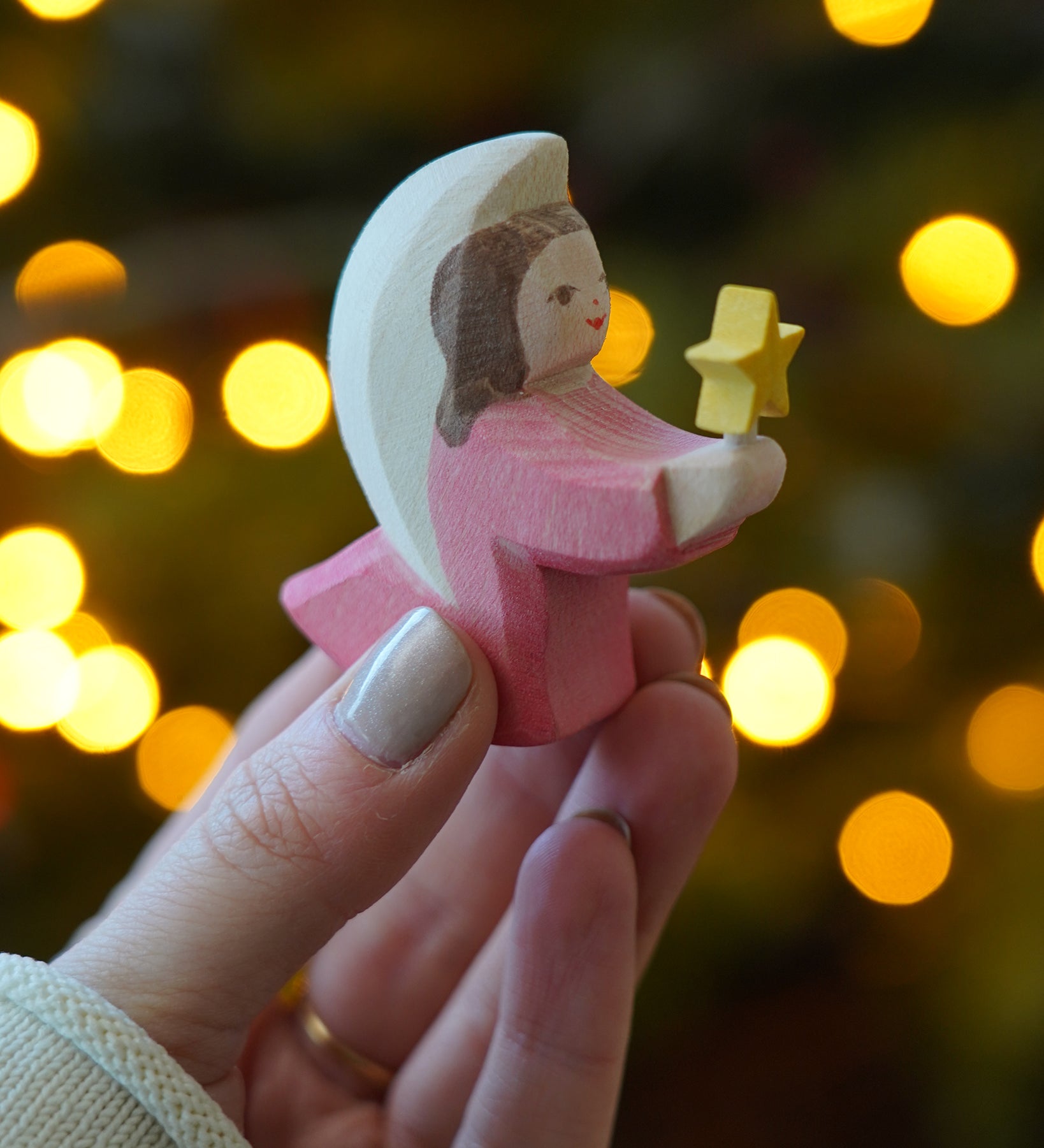 Pink Ostheimer Wooden Angel figure, for Christmas or nativity displays or play, for sale at Babipur.