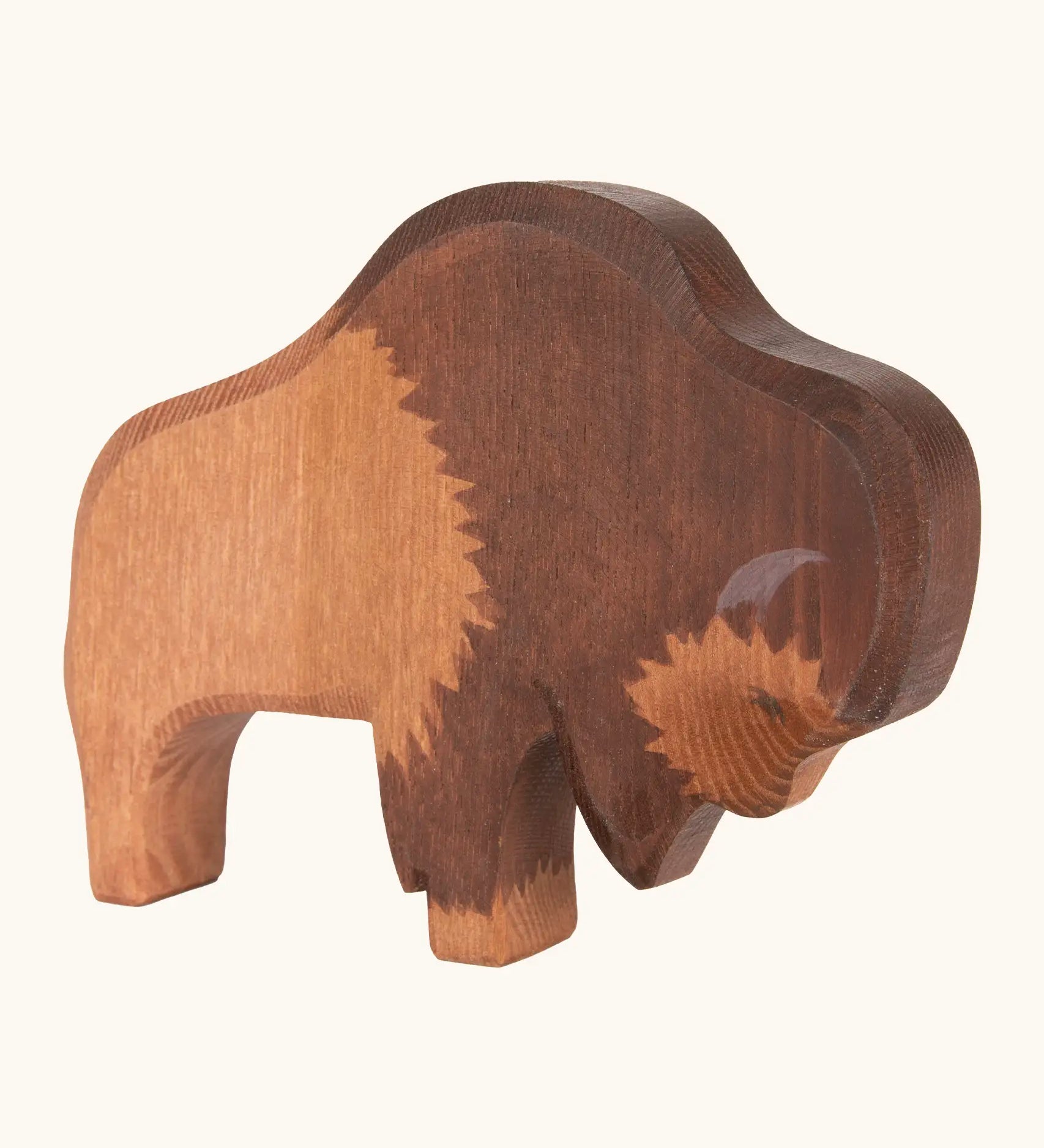Ostheimer handcrafted wooden bison figure with hand painted light brown lower body and dark brown upper body
