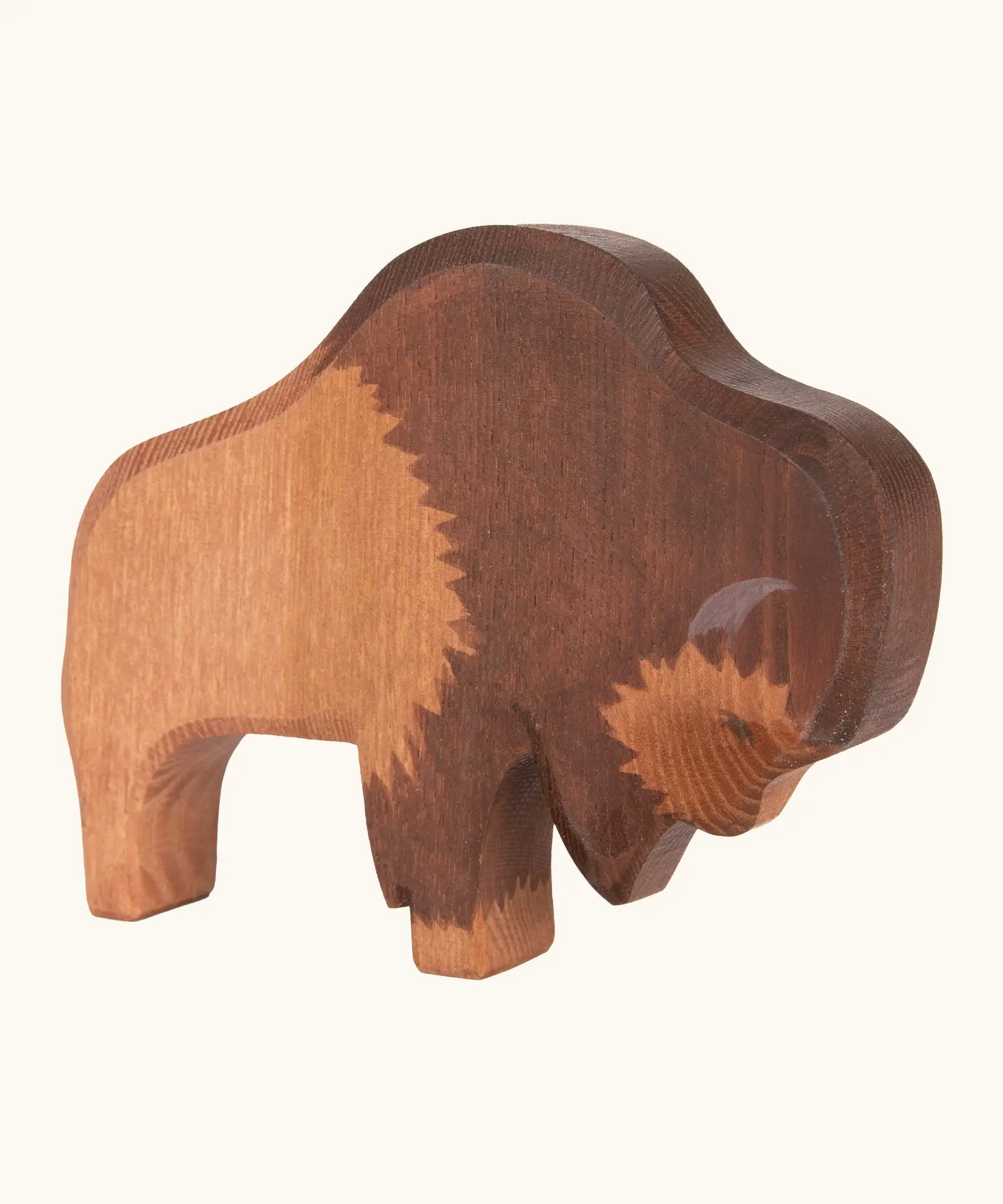 Ostheimer handcrafted wooden bison figure with hand painted light brown lower body and dark brown upper body