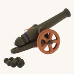 View of the back of the Ostheimer Large Cannon with 10 Cannonballs  pictured on a plain background