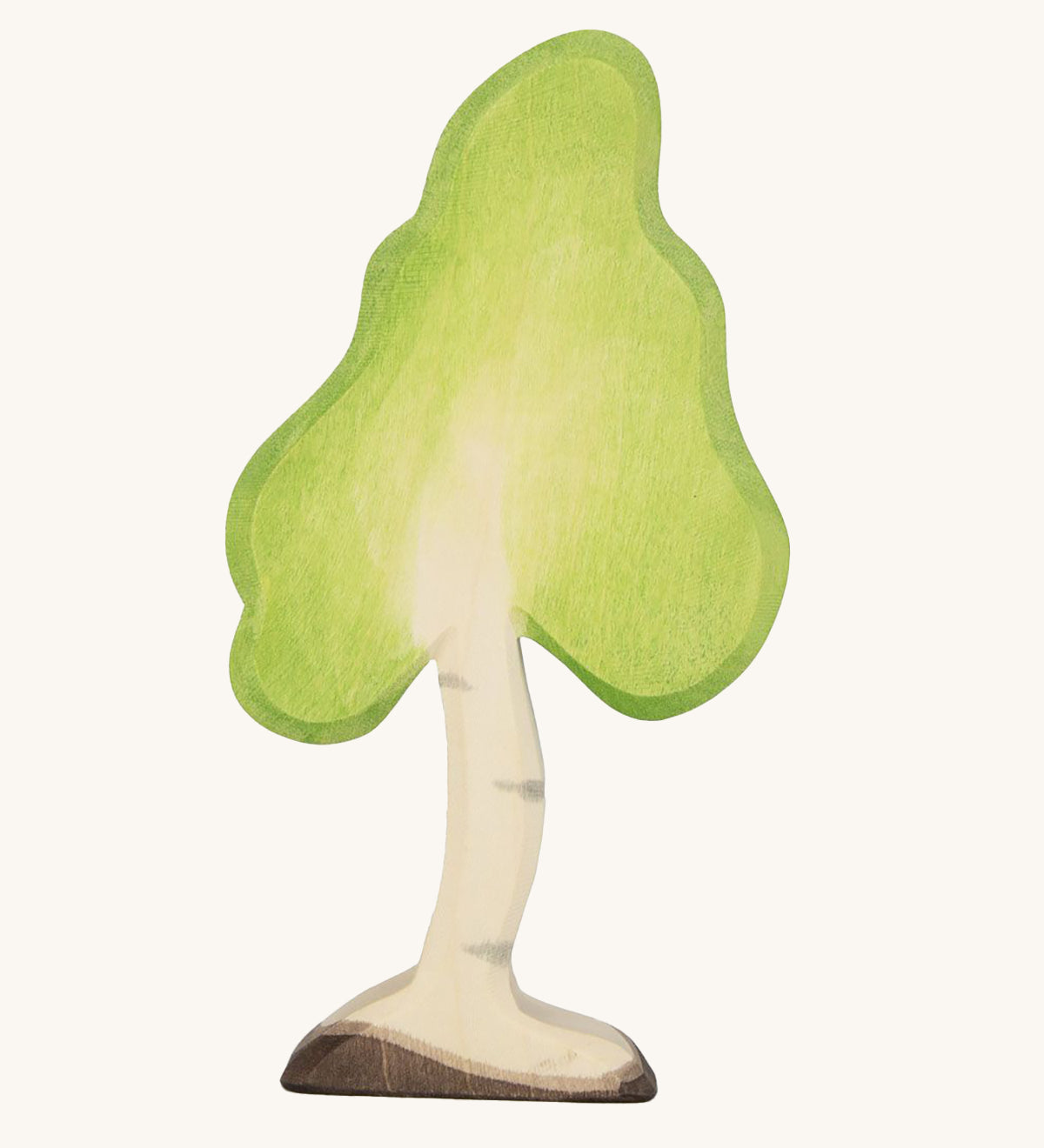 Ostheimer Small Wooden Birch Tree, handmade and hand crafted with a light green painted top to represent leaves, and painted bark and trunk detail. The smooth natural wood grain shows through making the tree more realistic. The tree is on a cream backgroud