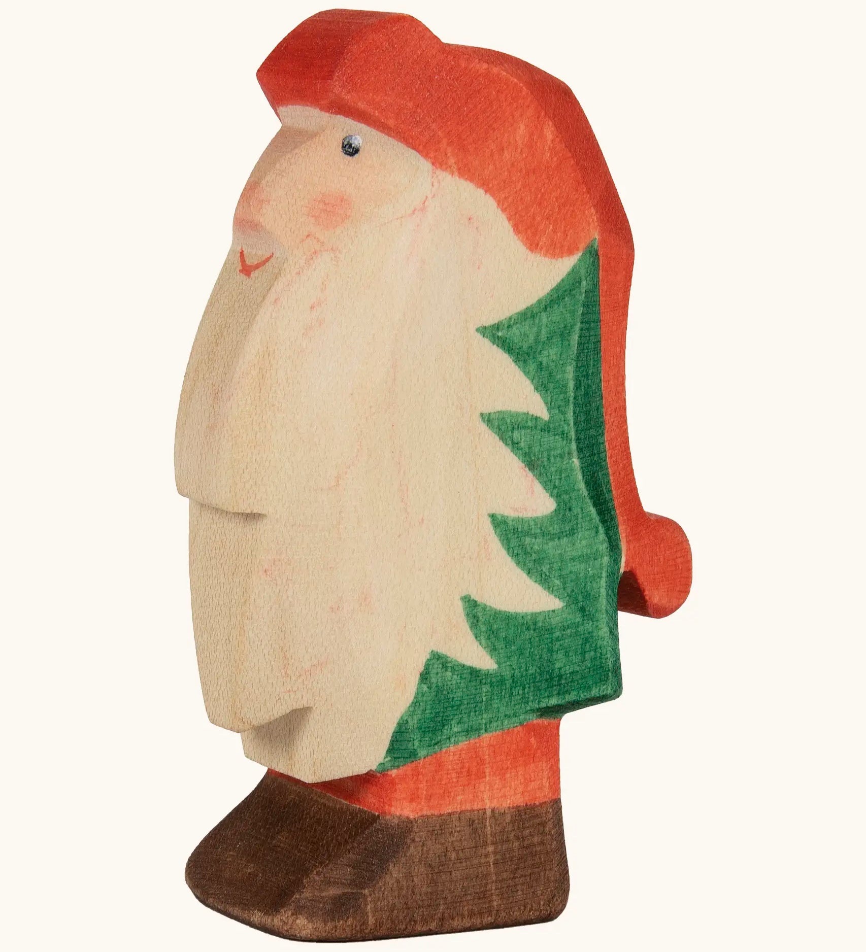 Ostheimer hand crafted Norbet winter gnome figure with hand painted green outfit red hat and unpainted beard