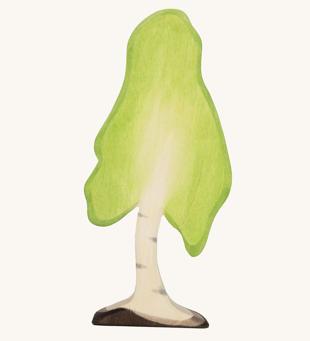 Ostheimer Large Wooden Birch Tree, handmade and hand crafted with a light green painted top to represent leaves, and painted bark and trunk detail. The tree is on a cream background.