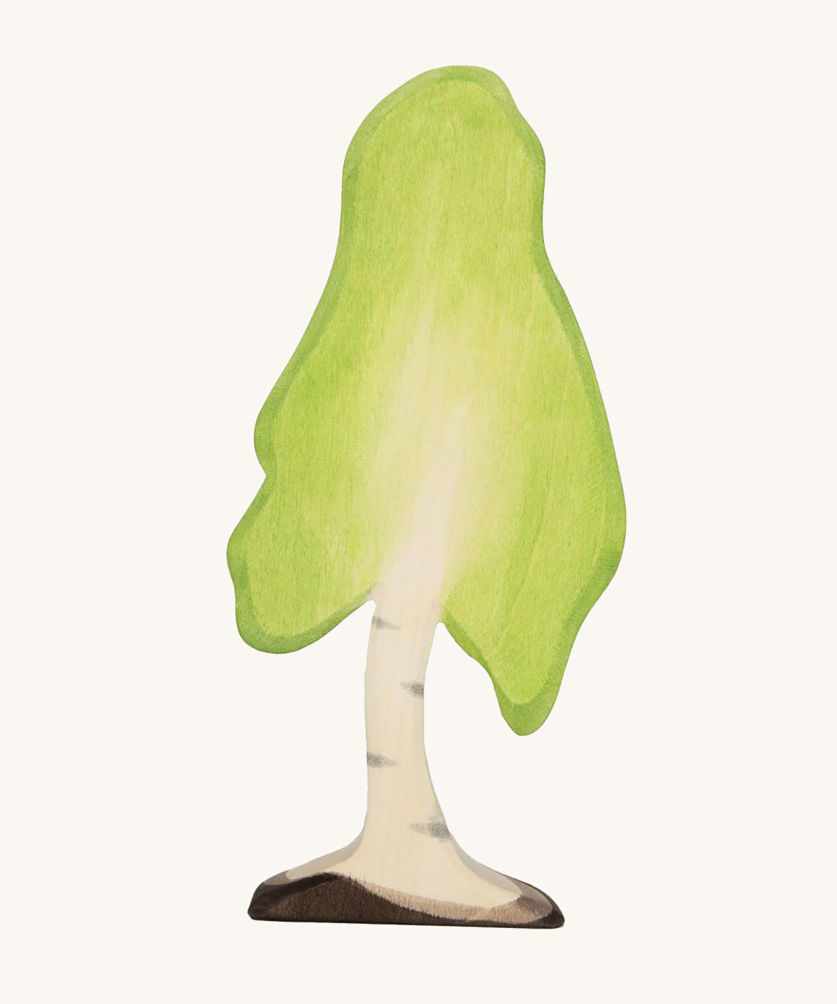 Ostheimer Large Wooden Birch Tree, handmade and hand crafted with a light green painted top to represent leaves, and painted bark and trunk detail. The tree is on a cream background.