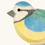 Hand painted facial features on the Ostheimer wooden blue tit bird figure