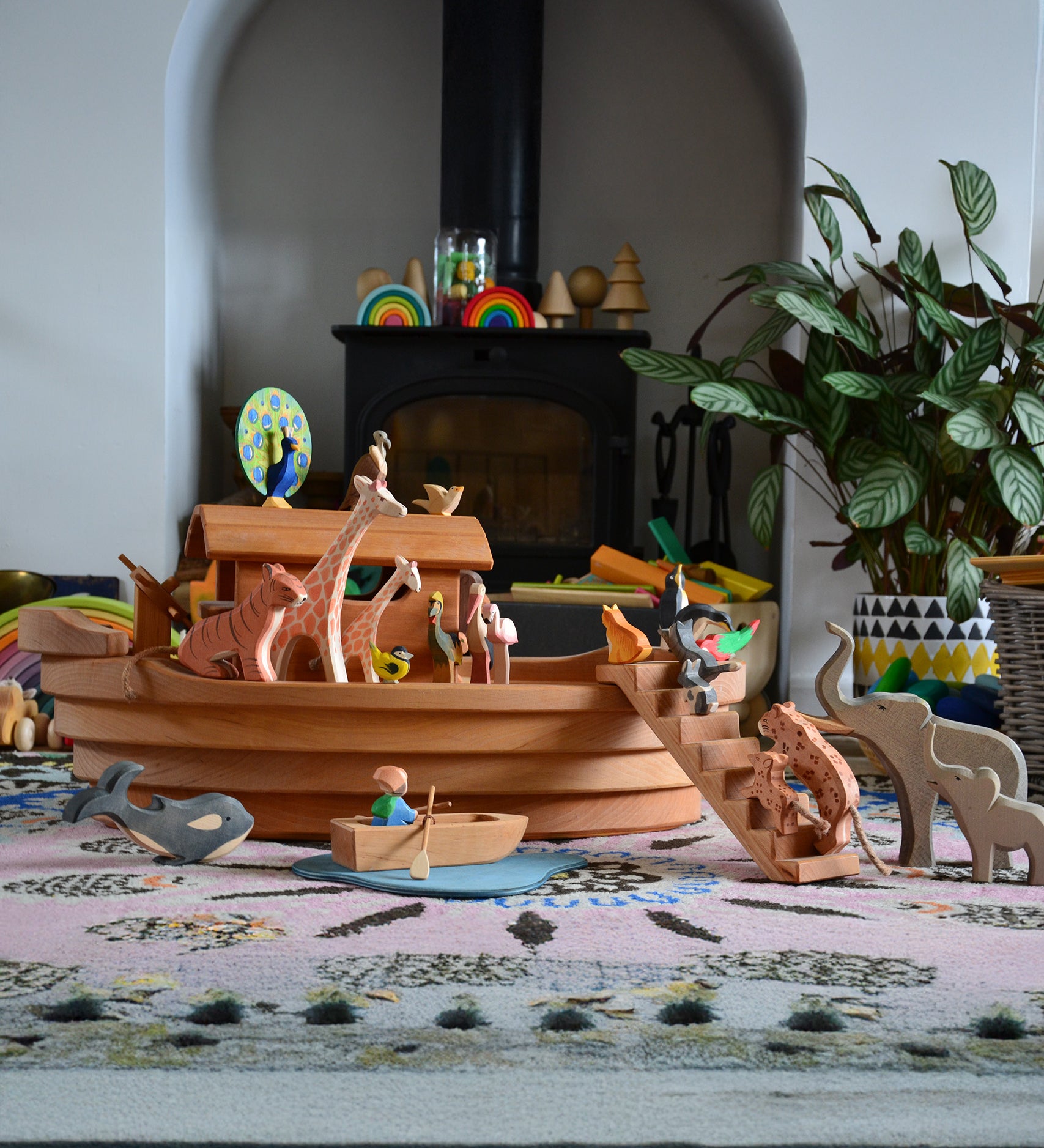 Ostheimer wooden Noah’s Ark with hand-painted animals and figures, handmade in Germany. Ideal for small world storytelling and open-ended play, sold at Babipur