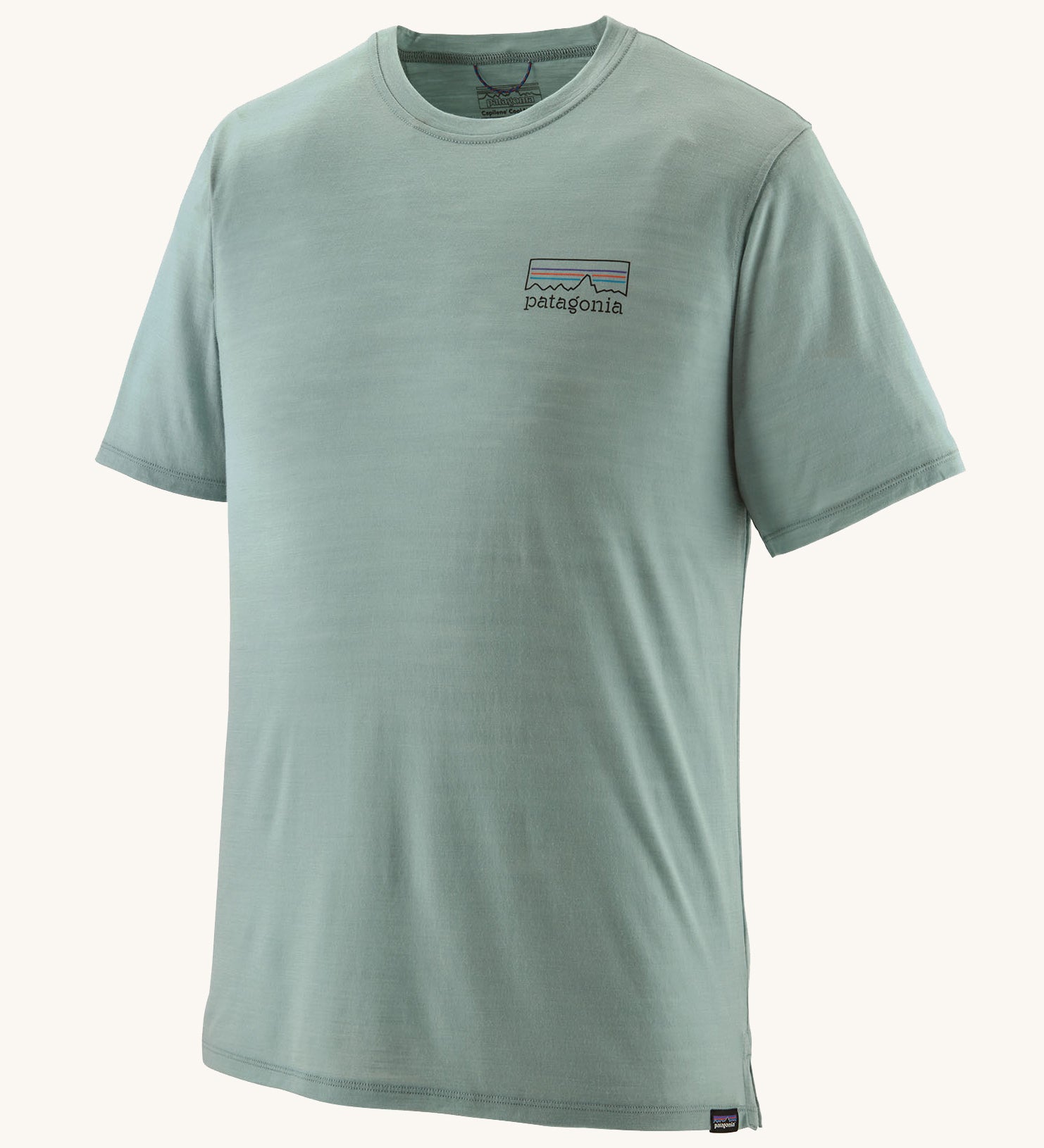 The Patagonia Men's Capilene Cool Merino Graphic T-Shirt in thermal blue, with a small logo on the left of the chest