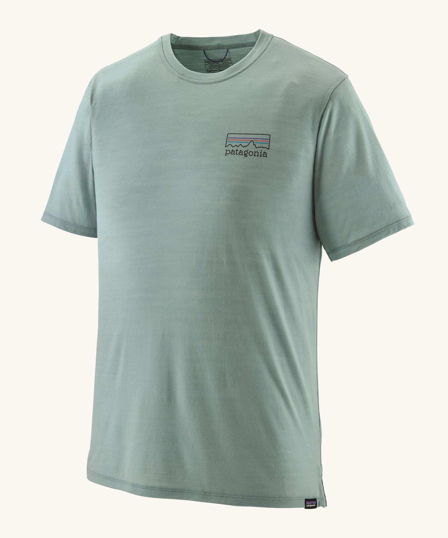 The Patagonia Men's Capilene Cool Merino Graphic T-Shirt in thermal blue, with a small logo on the left of the chest