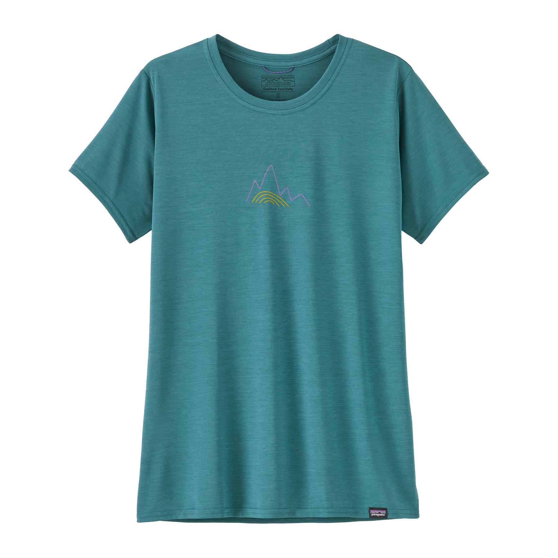 The front of the Patagonia Women's Cap Cool Daily Graphic Shirt in wetland teal blue