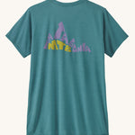 Patagonia Women's Cap Cool Daily Graphic Shirt in a wetland blue teal colour, with a Patagonia logo.