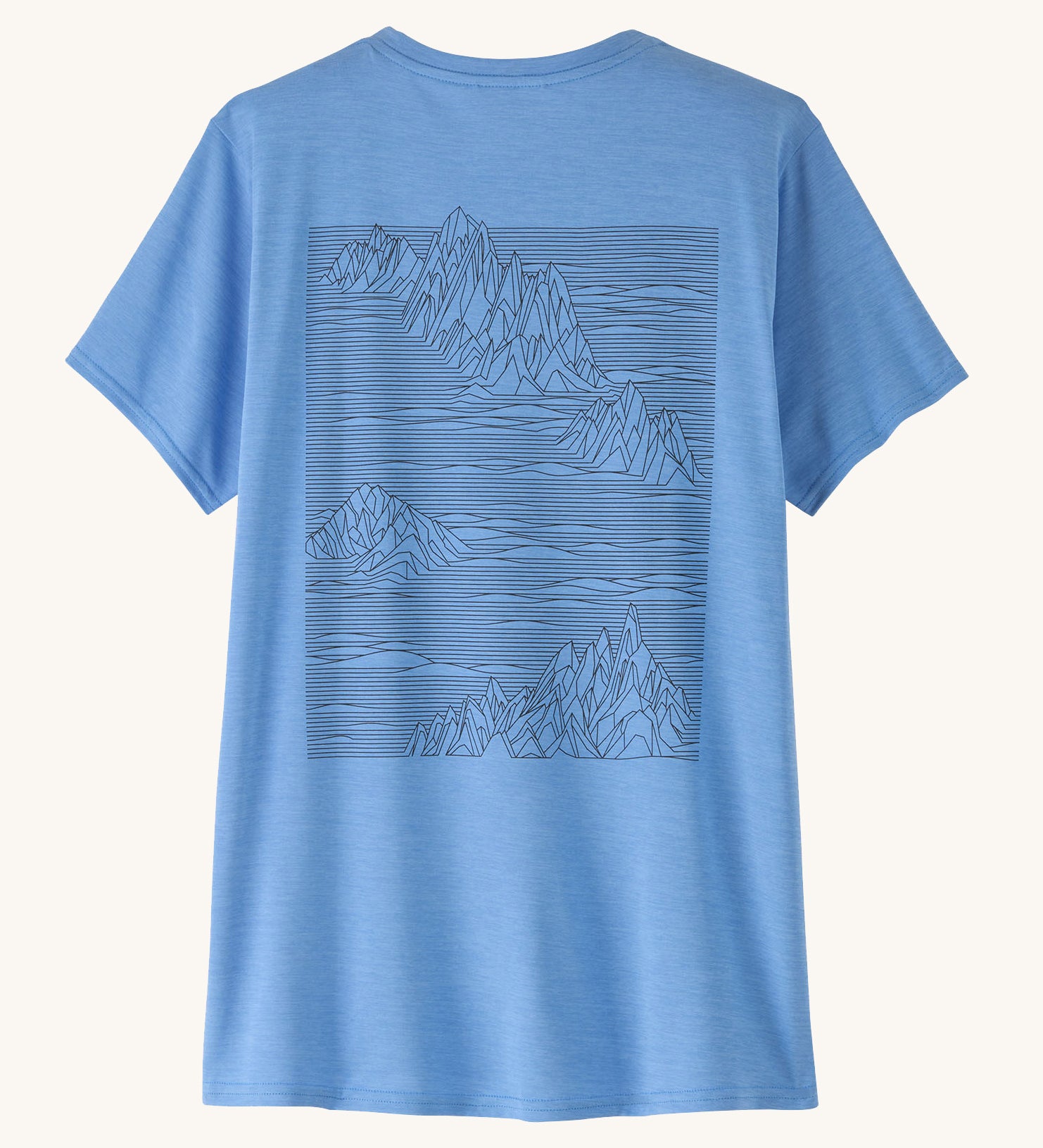 The Patagonia Women's Capilene Cool Daily Graphic Shirt in abundant blue with a Strataspire mountain design on the back.