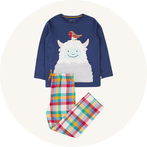 Frugi Caden Pyjamas in Rainbow Check Yeti made from organic cotton, to represent Frugi Nightwear and PJs AW25 at Babipur.