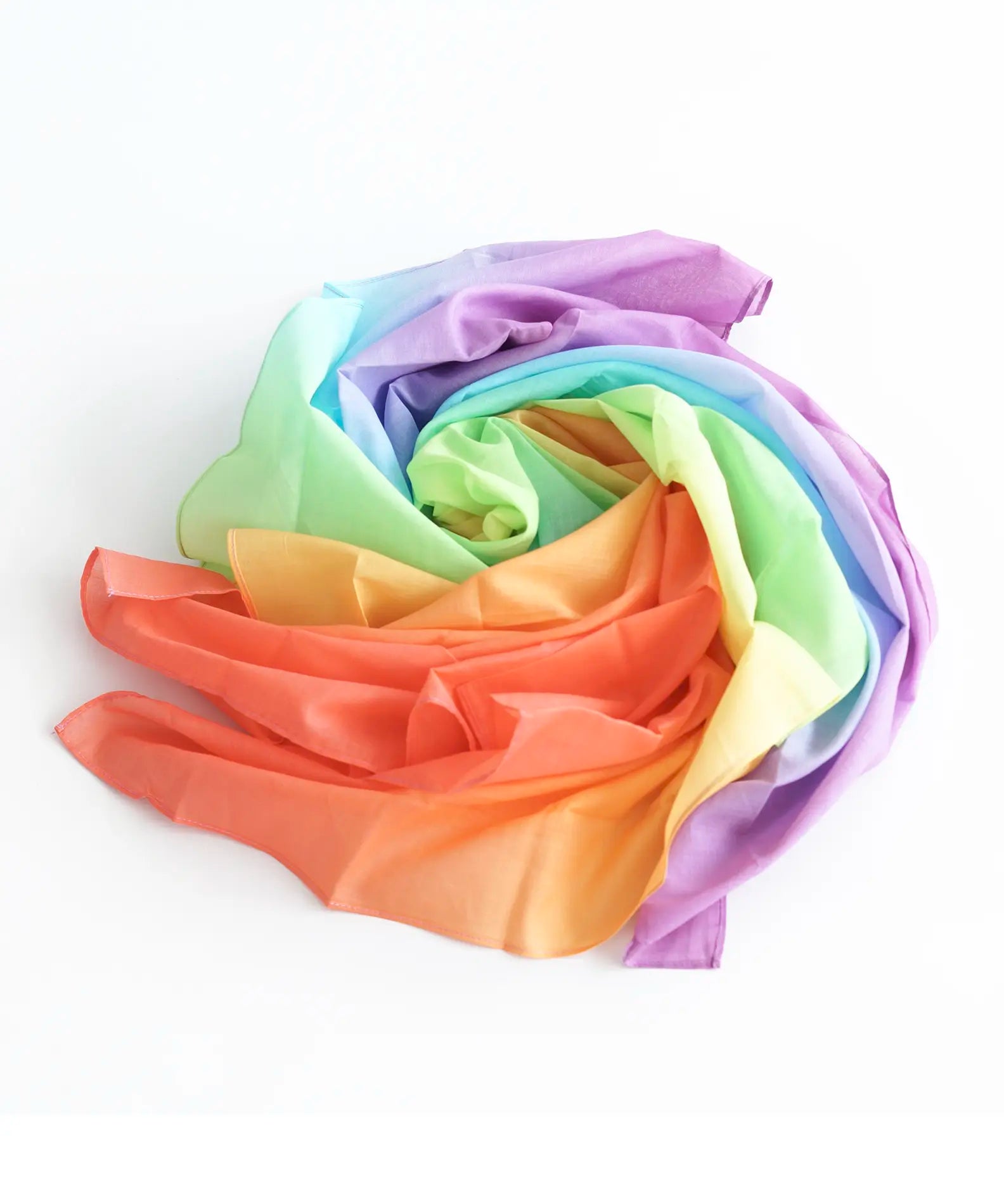 A pastel rainbow Laura's play cloth in a swirl pattern