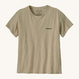 A Patagonia Women's P-6 Logo Responsibili-Tee in a grey Pumice color way available at Babipur. The short sleeved t-shirt features the Patagonia brand text printed on the chest.