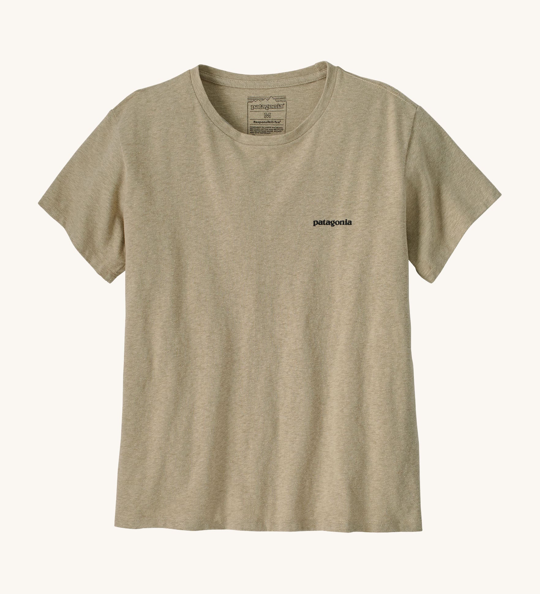 A Patagonia Women's P-6 Logo Responsibili-Tee in a grey Pumice color way available at Babipur. The short sleeved t-shirt features the Patagonia brand text printed on the chest.