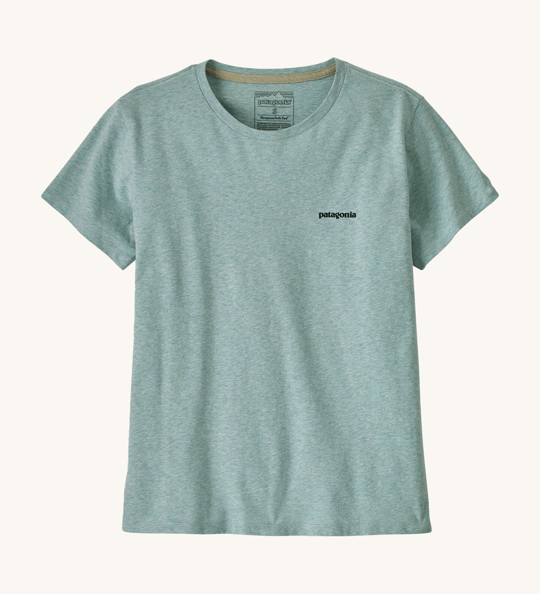 A Patagonia Women's P-6 Logo Responsibili-Tee in a virtually blue color way available at Babipur. The short sleeved t-shirt features the Patagonia brand text printed on the chest.