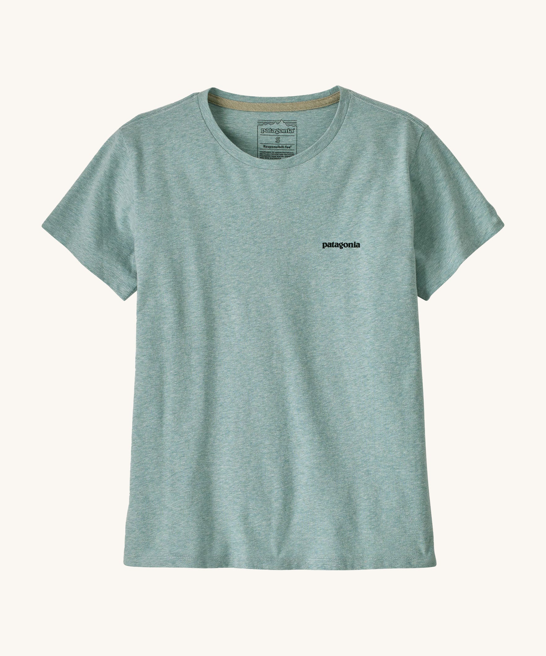 A Patagonia Women's P-6 Logo Responsibili-Tee in a virtually blue color way available at Babipur. The short sleeved t-shirt features the Patagonia brand text printed on the chest.