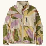 Patagonia women's synchilla fleece jacket in cream with a repeating abstract pattern. Shows a front zip, side and chest pocket