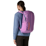 The back of a woman wearing the The back of the Patagonia black hole 25 litre backpack in brisk purple available at Babipur.