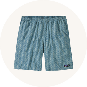 Patagonia Men's Baggies 100% recycled nylon swim shorts in Kaleidoscope / Still Blue, a geometric repeat pattern and an elasticated waistband.