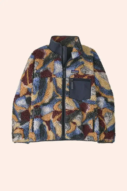Patagonia Women's Classic Retro-X® Fleece in Smudge / Blue (blue, beige and plum patch design with slate blue zip and chest pocket details).