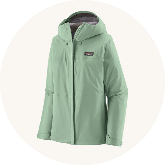 Patagonia Women's Torrentshell 3L waterproof hooded Rain Jacket in Ellwood Green with Patagonia logo, to represent Patagonia adult coats and jackets at Babipur.