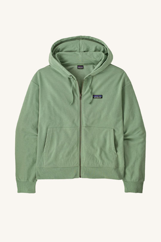 Patagonia Women's Ahnya Full-Zip Hoody jacket in Ellwood Green with Patagonia logo to represent Patagonia adult clothing sale at Babipur.