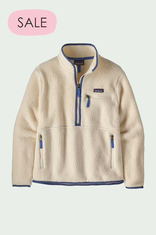 Patagonia Women's Retro Pile Marsupial 3/4 zip Fleece in Natural cream with blue piping and zip tags, to represent adult Patagonia clothing for sale at Babipur.