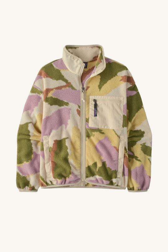 Patagonia Women's Lightweight Synchilla® Snap-T Fleece in a purple, yellow, green and cream patch pattern, to represent new Patagonia adults at Babipur, official UK stockist.