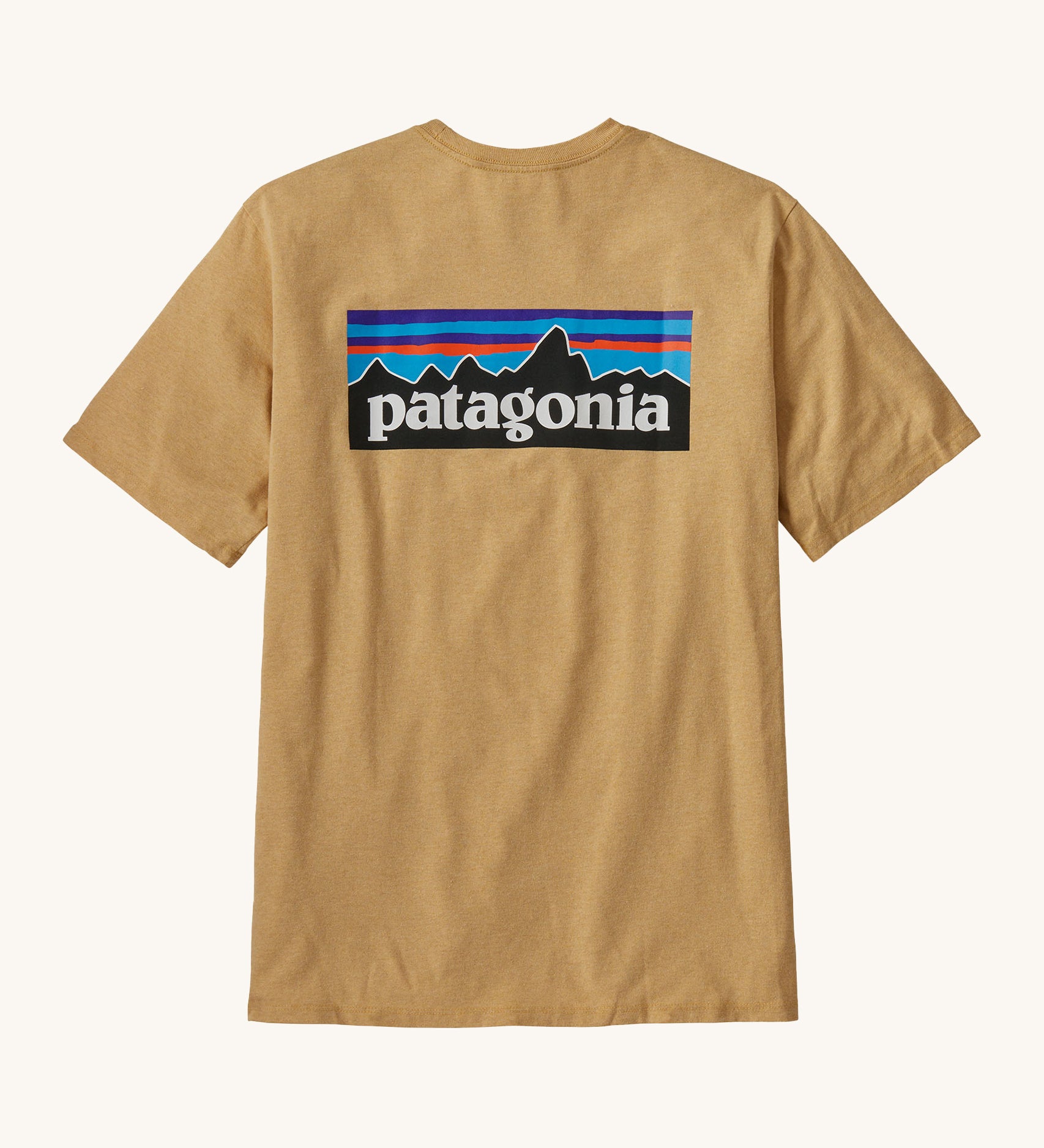 Patagonia Men's P-6 Logo Responsibili-Tee - Beeswax Tan. A dark yellow, short sleeve, organic cotton top with a Patagonia mountain range logo on the back