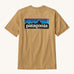 Patagonia Men's P-6 Logo Responsibili-Tee - Beeswax Tan. A dark yellow, short sleeve, organic cotton top with a Patagonia mountain range logo on the back