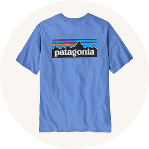 Patagonia blue t-shirt on cream background to represent Patagonia adult's clothing at Babipur.