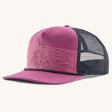 Patagonia airfarer cap in dark pink on the front and dark blue mesh back panel. Shows a stitched mountain design on the front 